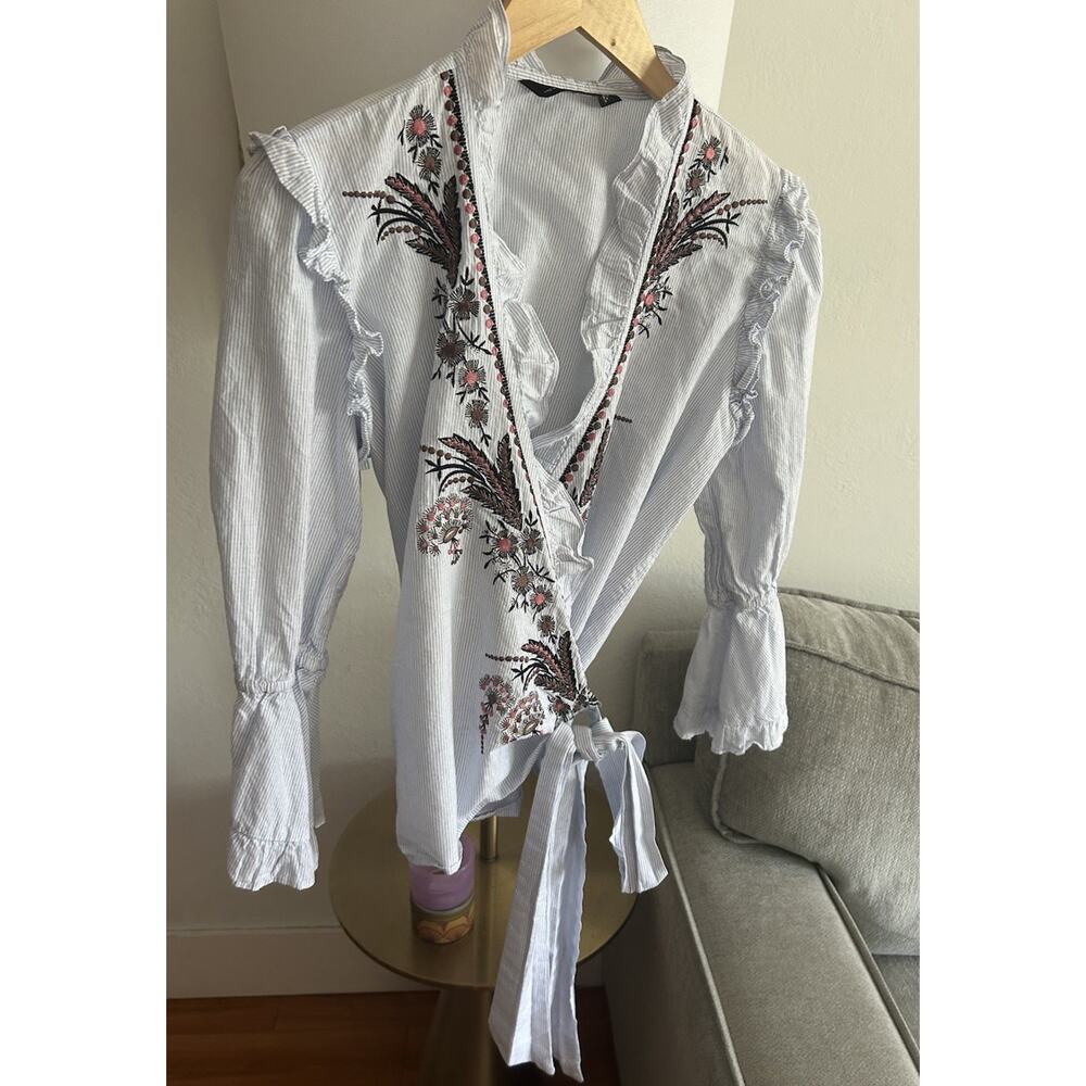 Zara Coastal Embroidered Wrap  Top Womens M Blue Stripe Beach Romantic